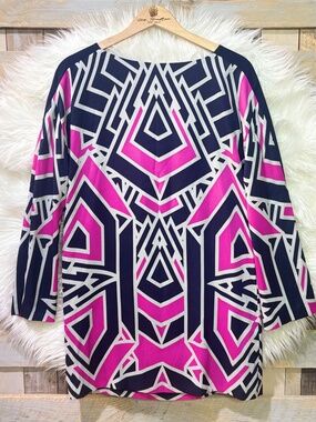 EUC [Juicy Couture] Navy Blue Pink Art Deco Bell Sleeve Mini Shift Dress | Small